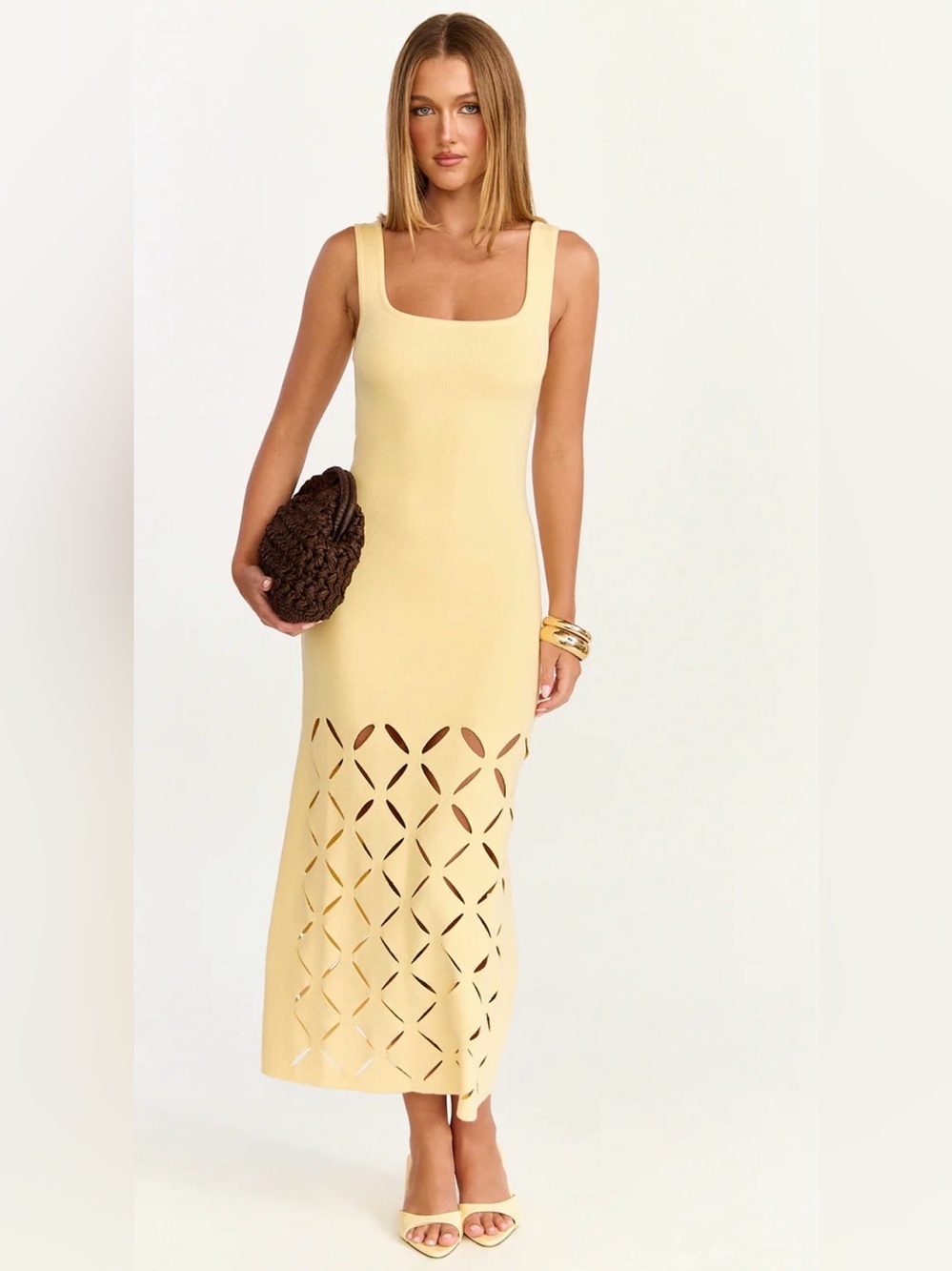 SABRINA MIDI DRESS- Scoop Neck Laser Cut Dress In Lemon
